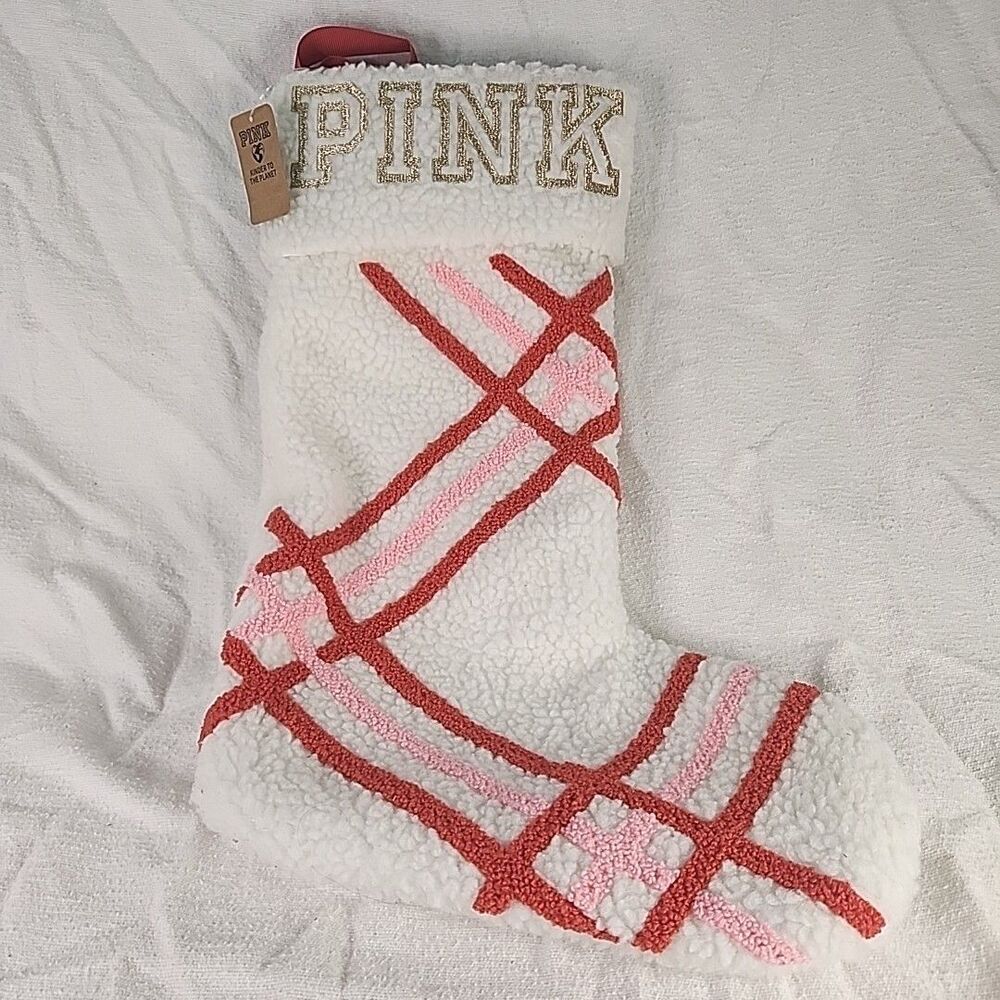 Stocking Victoria's Secret PINK Sherpa White Candy Cane Color Christmas 17" New